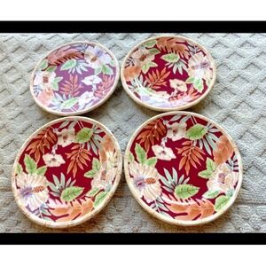 Set Of 4 Hibiscus Home Trends Dessert Salad Plates‎ Bamboo Edge Ferns Floral
